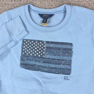 Kids Polo Ralph‎ Lauren Light Blue American Flag Patchwork Sweatshirt Size XL 16